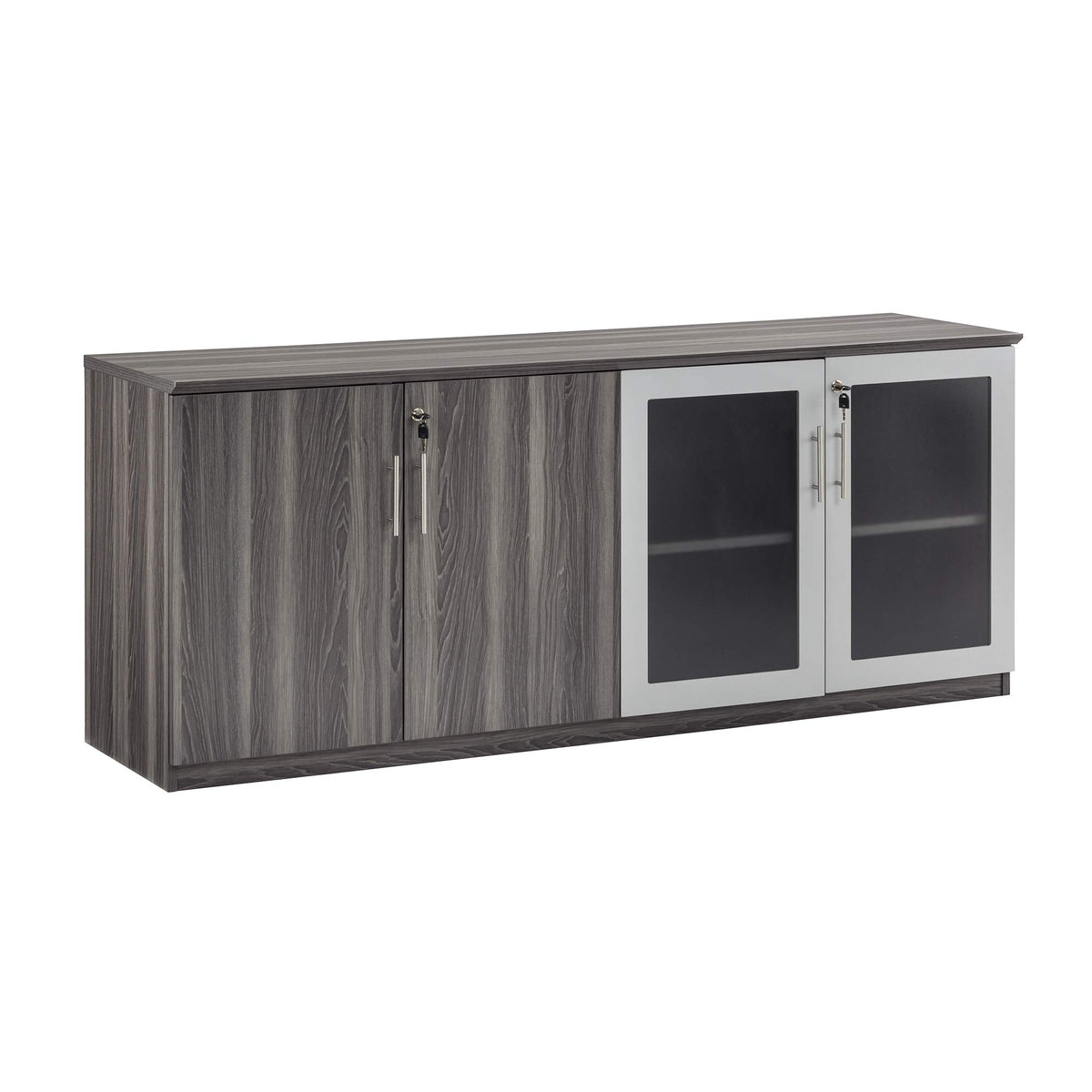 Safco Products Medina Modern Office Storage Wall Cabinet With Wood And Glass Doors, 72&quot;W X 20&quot;D X 29 1/2&quot;H, Gray Steel