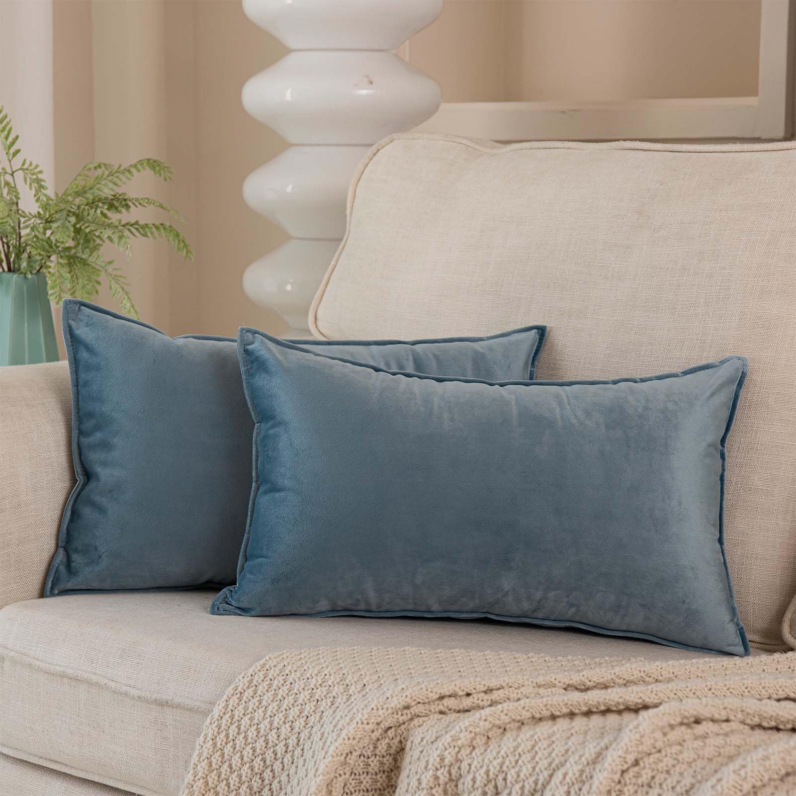 Juspurbet Light Blue Decorative Lumbar Velvet Throw Pillow Covers 12X20 Inch Set Of 2,Broadside Soft Cushion Case With Invisible