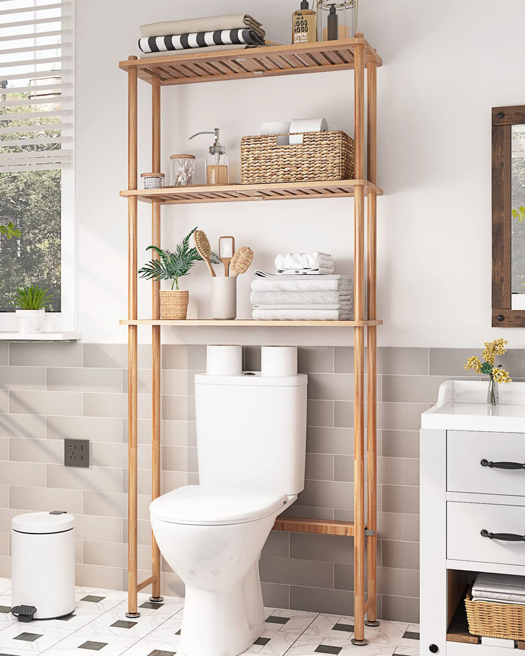 Amazerbath Over The Toilet Storage Shelf Bamboo, 3-Tier Over Toilet Organizer Rack, Freestanding Above Toilet Shelf For Bathroom, Laundry, Space Saver, Natural Color