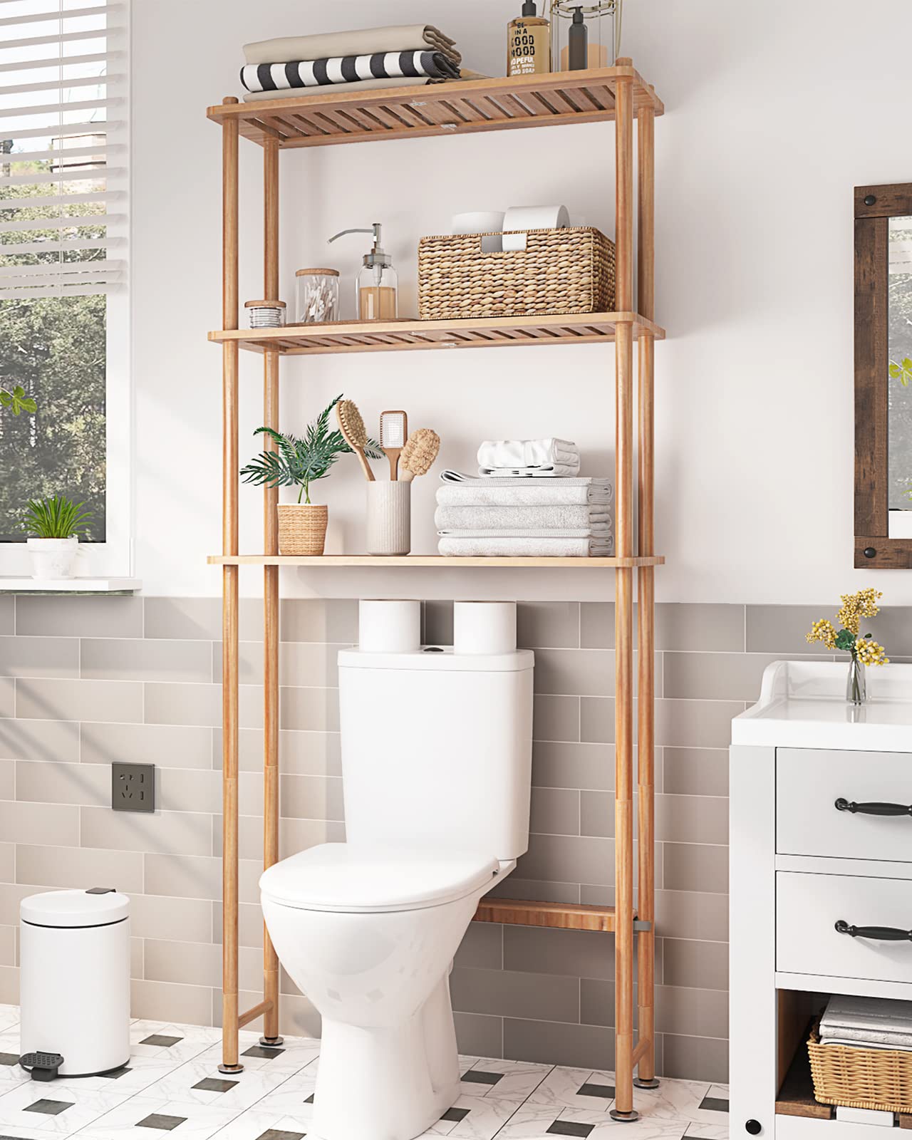 Amazerbath Over The Toilet Storage Shelf Bamboo, 3-Tier Over Toilet Organizer Rack, Freestanding Above Toilet Shelf For Bathroom, Laundry, Space Saver, Natural Color