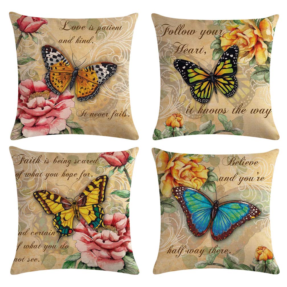 Ulove Love Yourself Butterfly Pattern Throw Pillow Covers Vintage Style Home Decorative Cushion Cover Yellow&Pink Flowers Pillow
