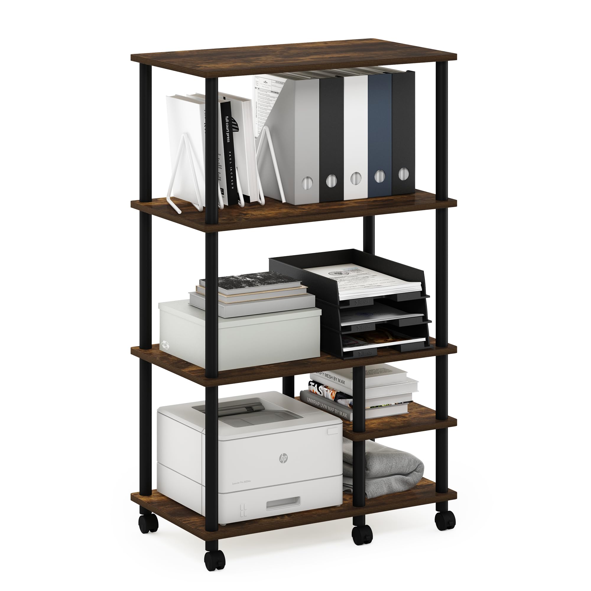 Furinno Turn-N-Tube 4-Tier Toolless Multipurpose Printer Stand Display Storage Shelf With Wheels, Amber Pine/Black