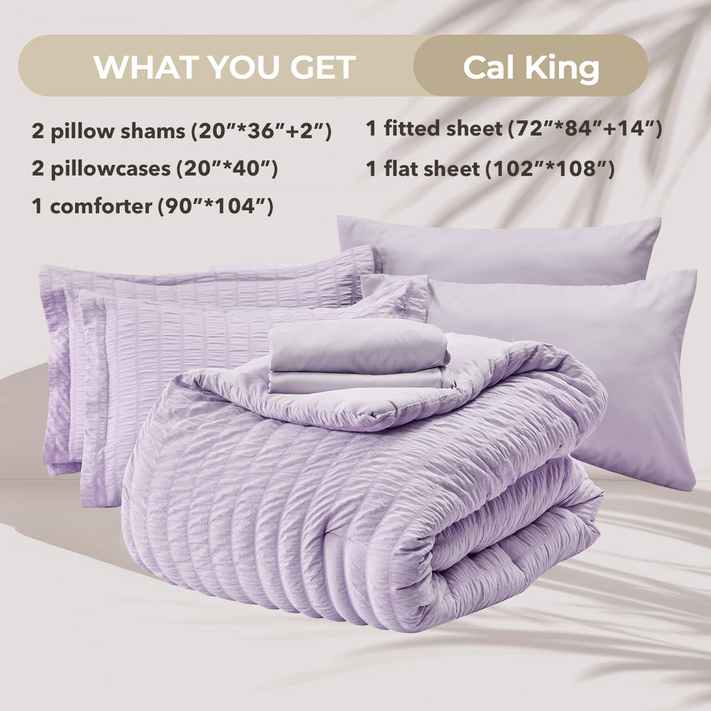Hymokege Lavender California King Comforter Set Seersucker 7 Pieces, All Season Luxury Bed In A Bag For Bedroom, Bedding Set Wit
