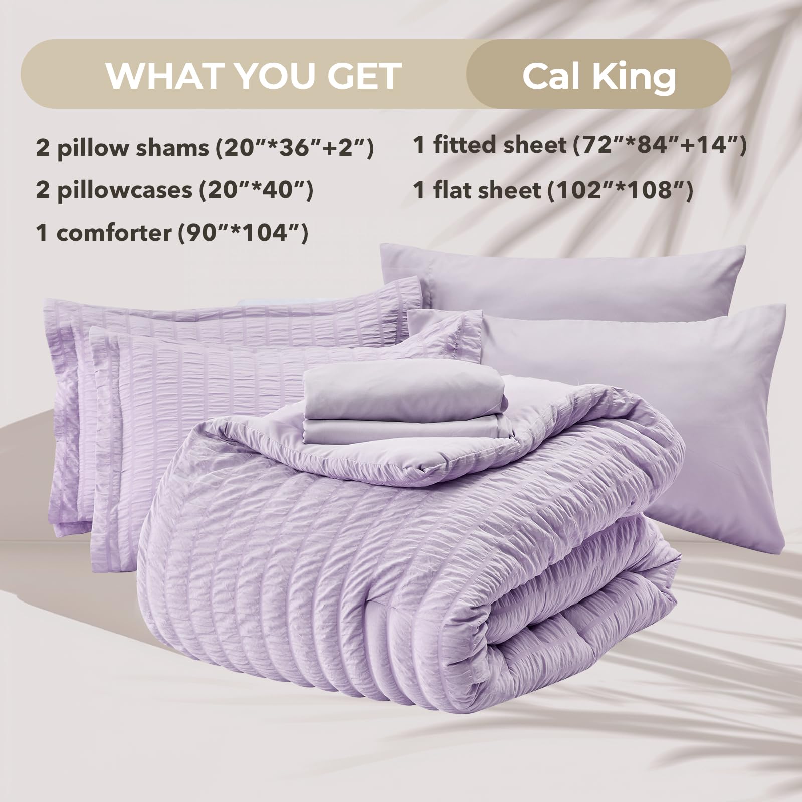 Hymokege Lavender California King Comforter Set Seersucker 7 Pieces, All Season Luxury Bed In A Bag For Bedroom, Bedding Set Wit
