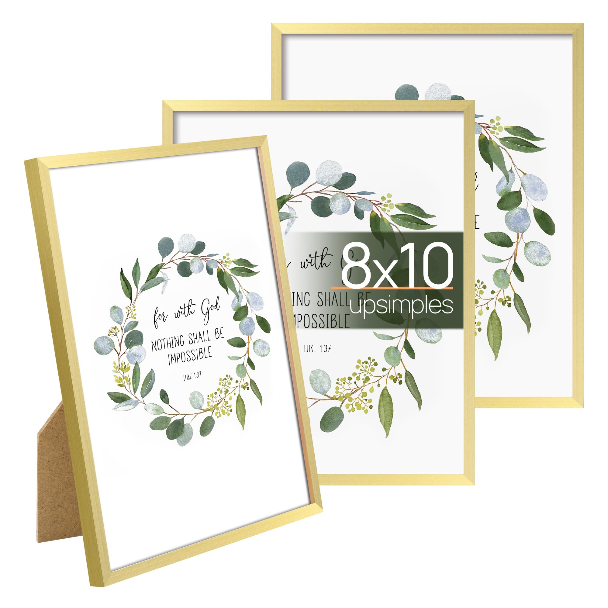 upsimples 8x10 Picture Frame Set of 3, Made of High Definition Glass for 8 x 10 Gold Frames, Wall and Tabletop Display Thin Bord