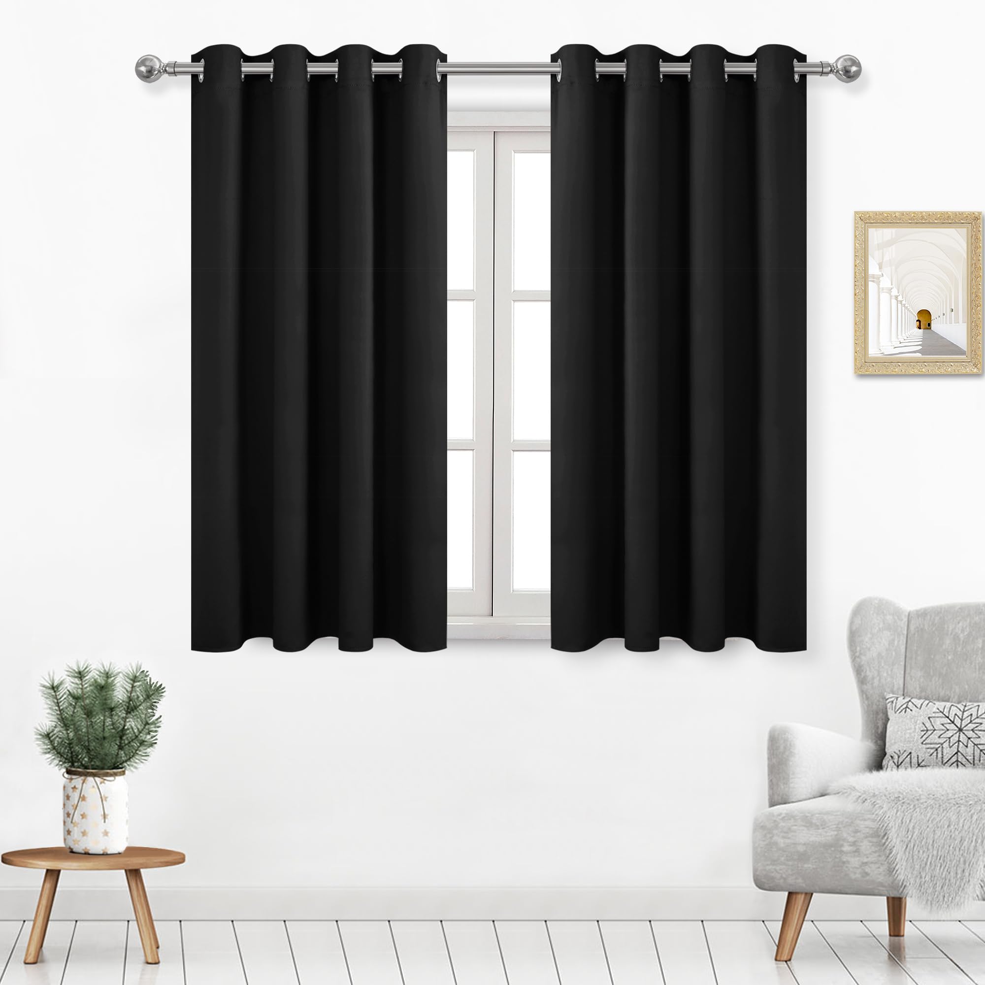 Dwcn Black Blackout Curtains For Bedroom, Thermal Room Darkening Curtains 45 Inch Length - W52 X L45 Inch Length, 2 Pieces