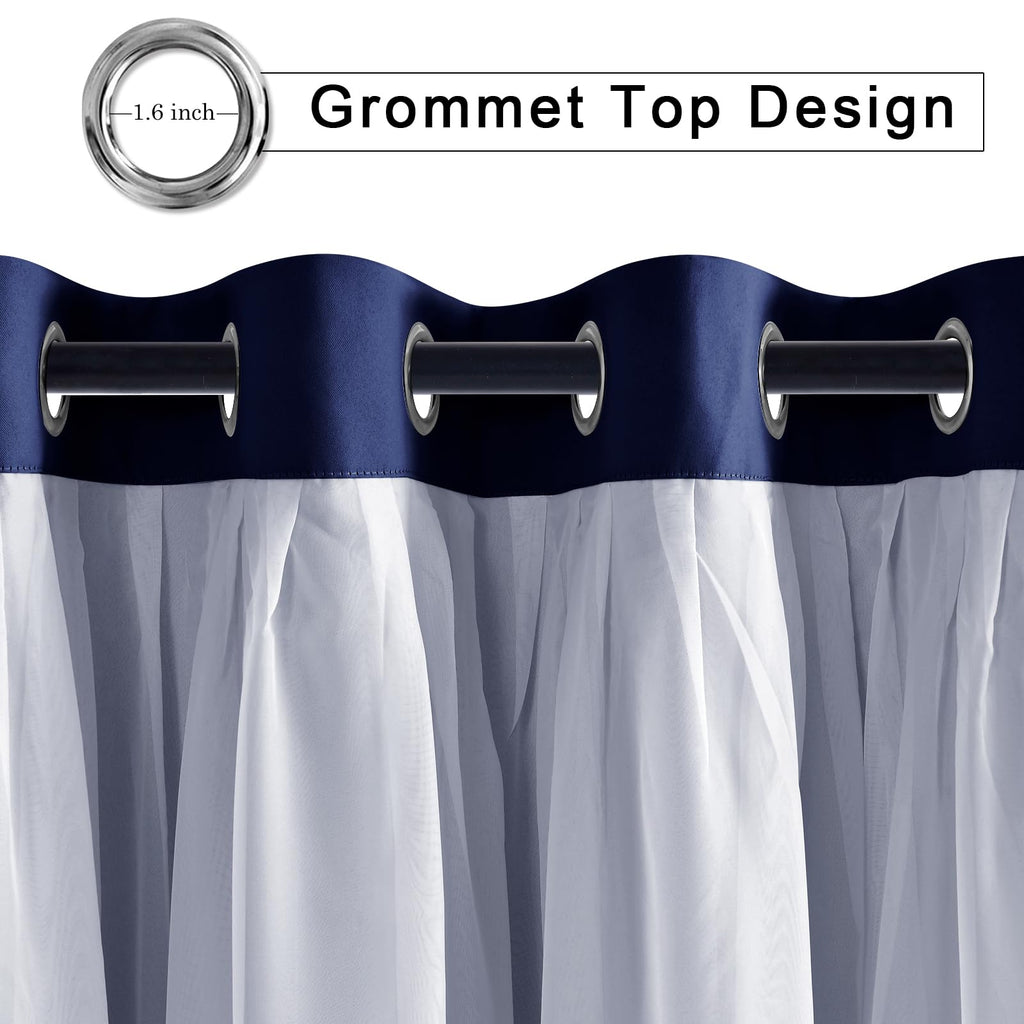 Hiasan Navy Blue Blackout Curtains With White Sheer Overlay, Mix & Match Double Layer Thermal Insulated Grommet Window Curtains