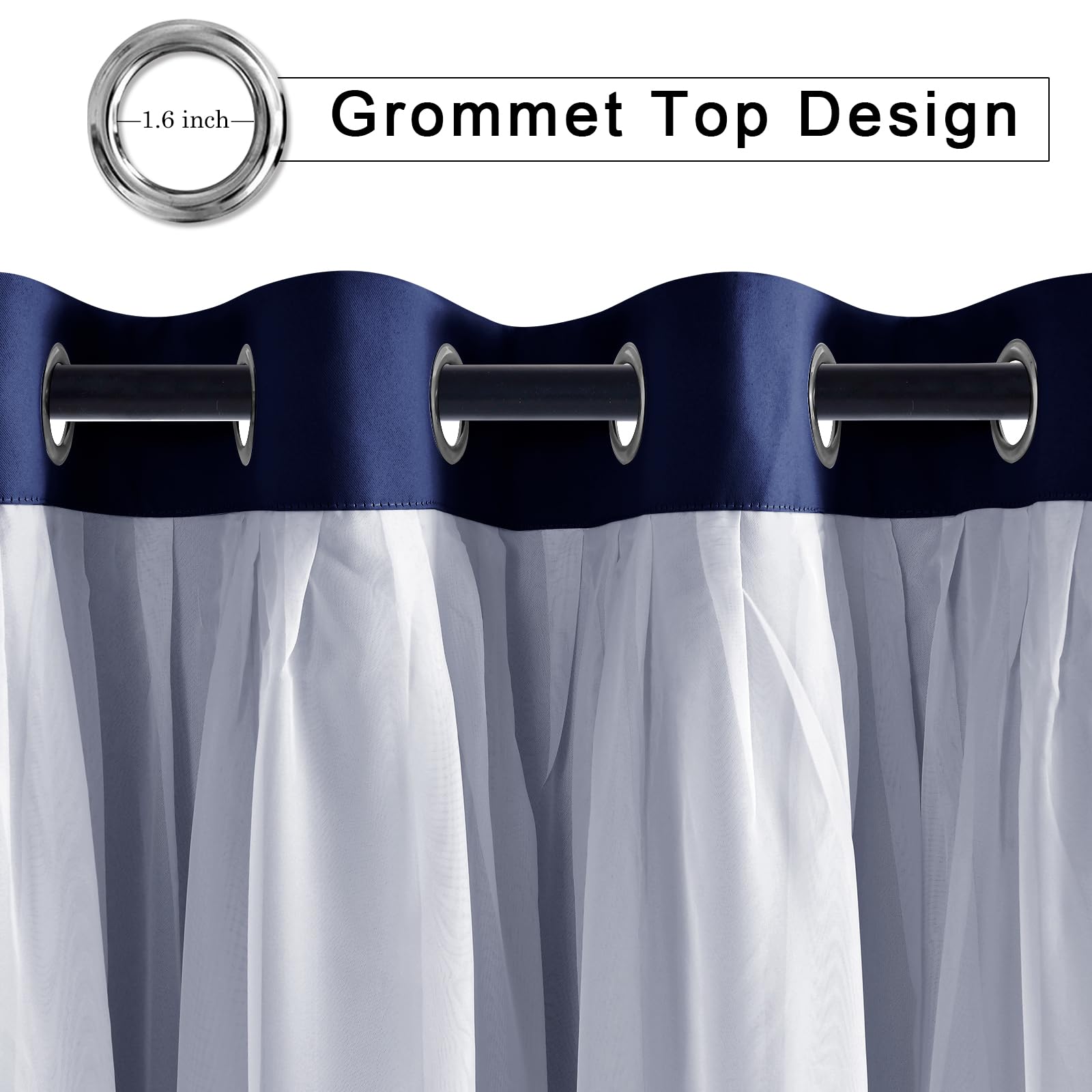 Hiasan Navy Blue Blackout Curtains With White Sheer Overlay, Mix & Match Double Layer Thermal Insulated Grommet Window Curtains