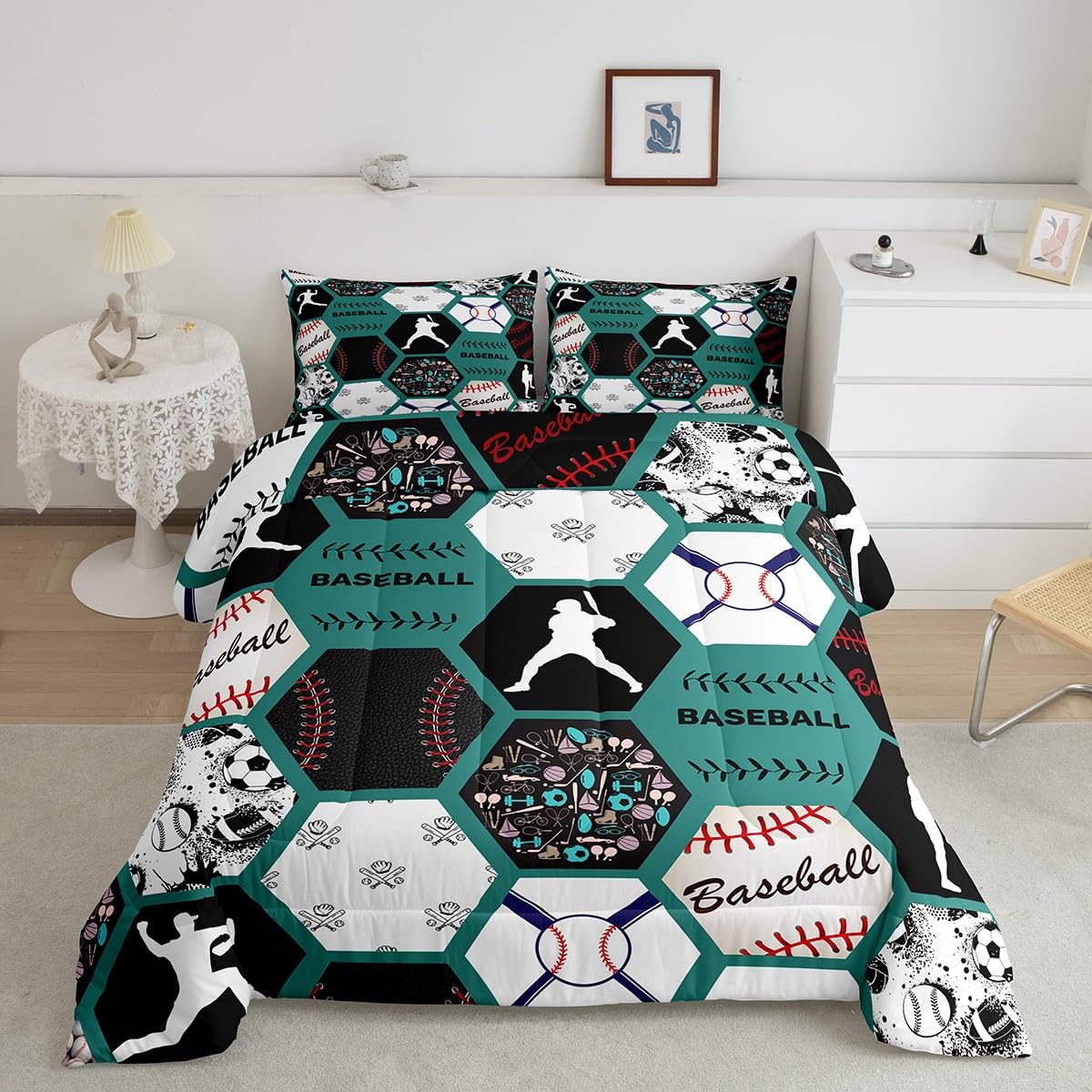 Erosebridal Boys Comforter Set Full,Baseball Sports Bedding Comforter Set Full For Kids,Baseball Player Bat Bedding,Geometric Ba