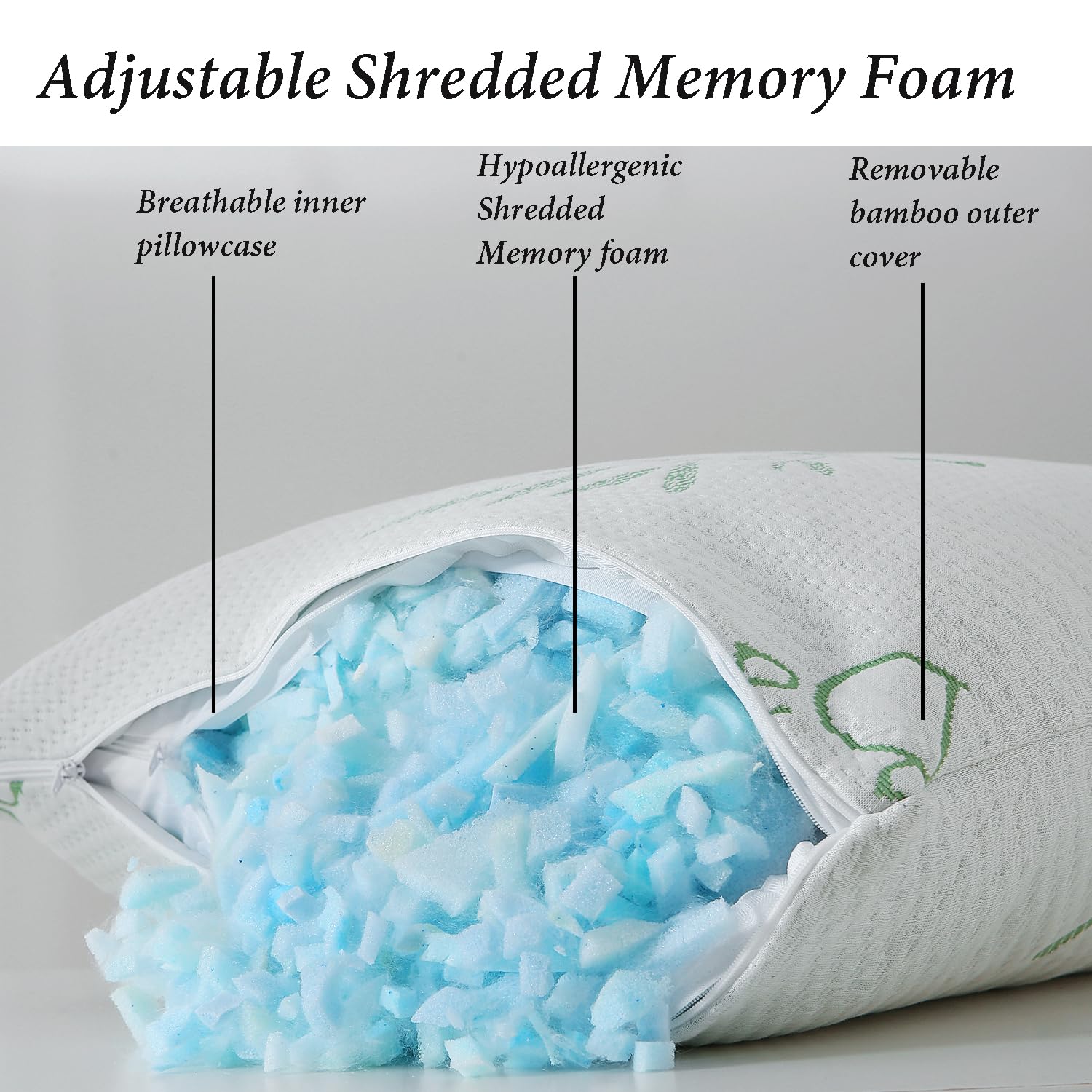 Shredded Memory Foam Pillows Set Of 1, Cooling Zippered Breathable Memory Foam Bed Pillow For Sleeping 1 Pack, Queen Size Firm P