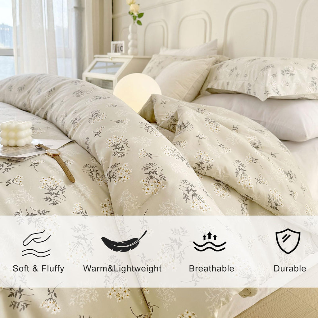 Eavd Boho Floral Comforter Set Queen Soft Washed Microfiber Bedding Comforter Set Garden Beige Floral Bedding Queen Comforter Se