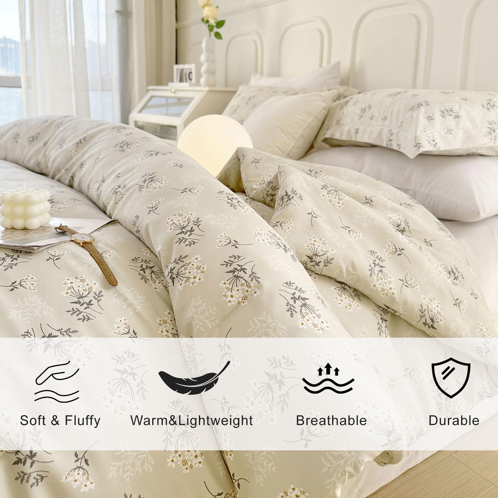 Eavd Boho Floral Comforter Set Queen Soft Washed Microfiber Bedding Comforter Set Garden Beige Floral Bedding Queen Comforter Se
