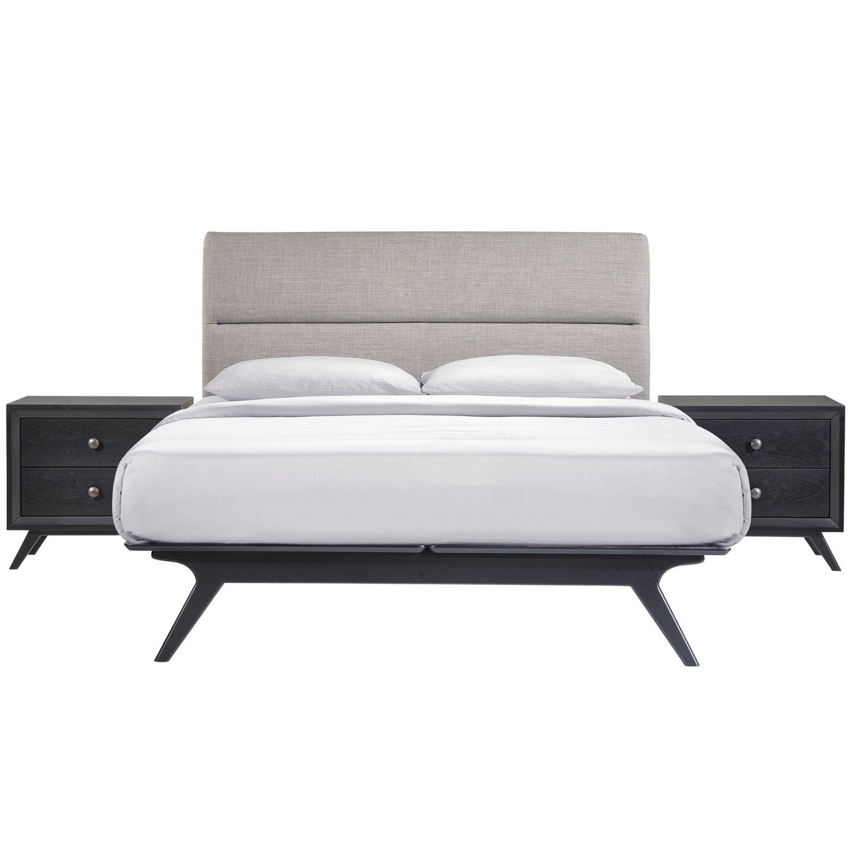 Modway Addison Mid-Century Modern Wood Platform Queen Size Bed And Nightstand In Black Gray