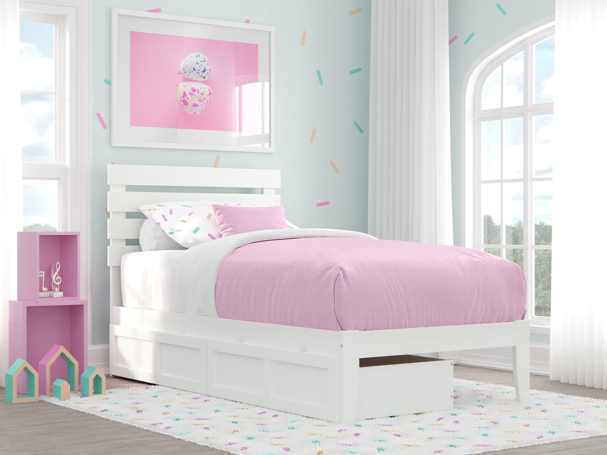 AFI, Oxford Twin Platform Bed with Set of 2 Underbed Storage Drawers, White