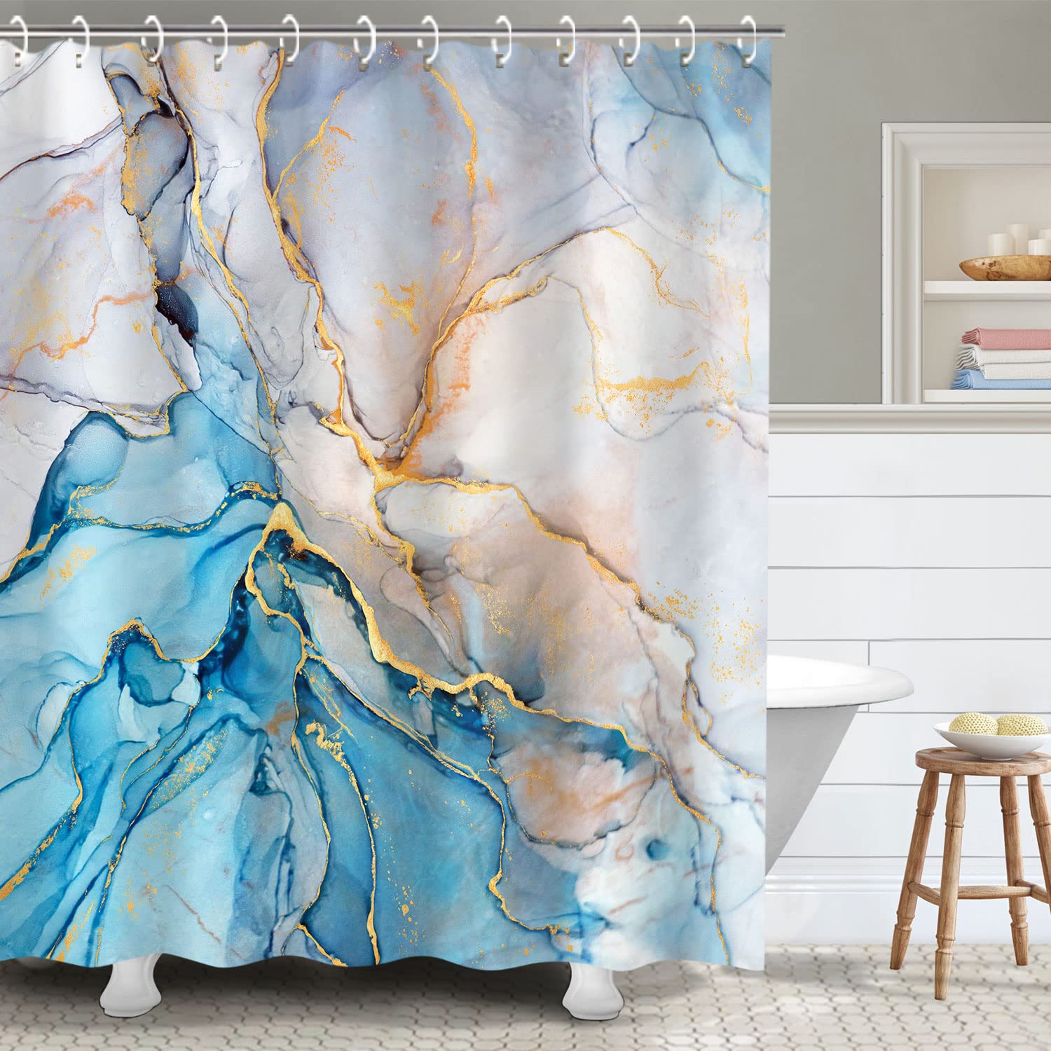 RosieLily Blue Shower Curtain, Marble Shower Curtains Set with 12 Hooks, Watercolor Blue Gold White Shower Curtains, Cool Abstra