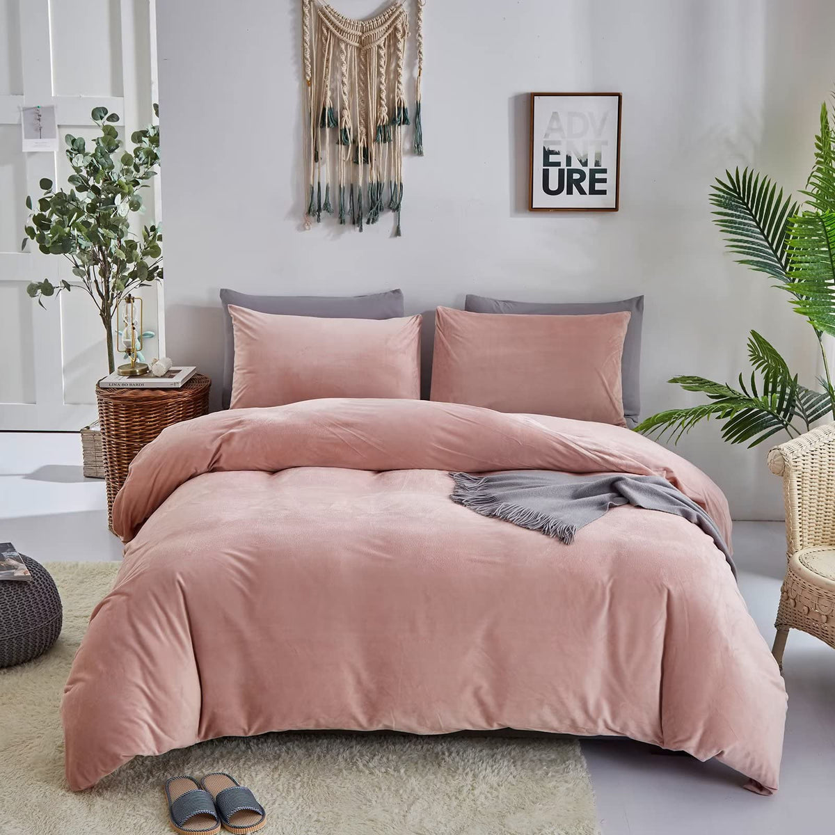 Houseri Pink Duvet Cover Queen Fluffy Light Pink Velvet Bedding Set Full Girls Blush Pink Duvet Cover Flannel Fuzzy Dusty Pink B