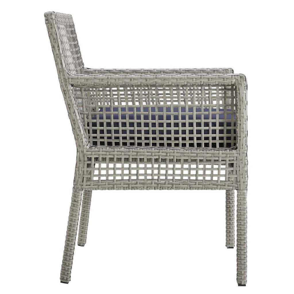Modway Aura Wicker Rattan 7-Piece Outdoor Patio Dining Set With 68" Rectangle Dining Table And 6 Dining Armchairs In Gray Navy