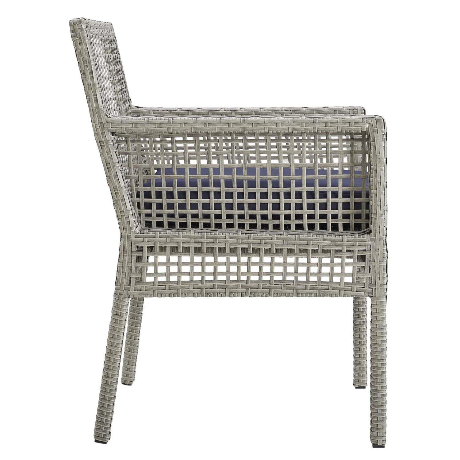 Modway Aura Wicker Rattan 7-Piece Outdoor Patio Dining Set With 68" Rectangle Dining Table And 6 Dining Armchairs In Gray Navy