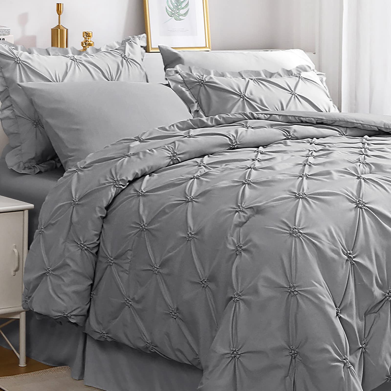 Jollyvogue Olive Green King Size Comforter Sets 7 Pieces, Pintuck Bed In A Bag Comforter Set For Bedroom, Bedding Comforter Sets