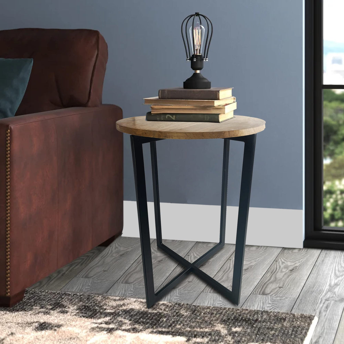 HomeRoots Natural Wood: Mango 22' Natrual Wood and Black Geo Round End Table