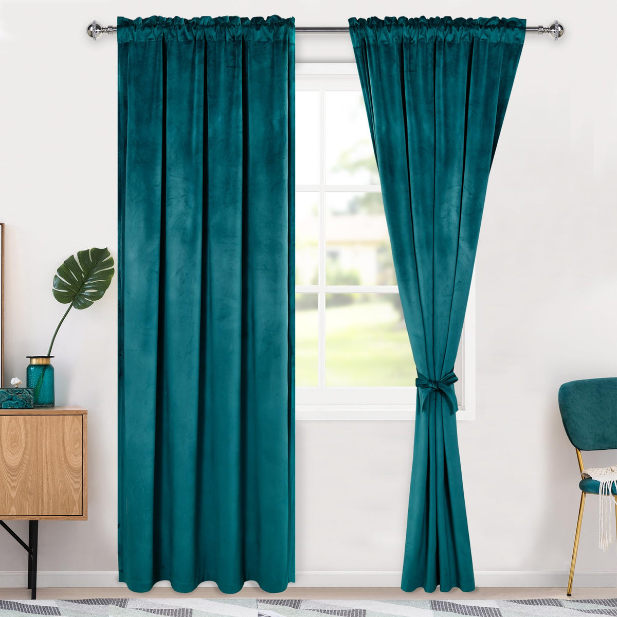 Hiasan Teal Velvet Curtains 84 Inch Blackout Rod Pocket Thermal Insulated Soft Curtains Room Darkening Window Drapes With Tiebac