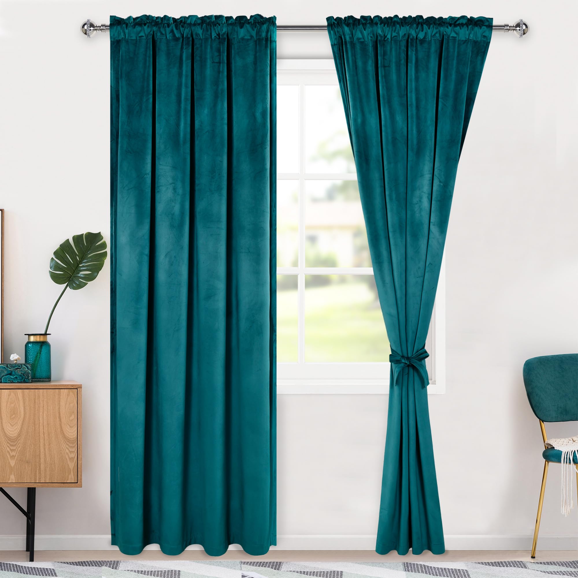 Hiasan Teal Velvet Curtains 84 Inch Blackout Rod Pocket Thermal Insulated Soft Curtains Room Darkening Window Drapes With Tiebac