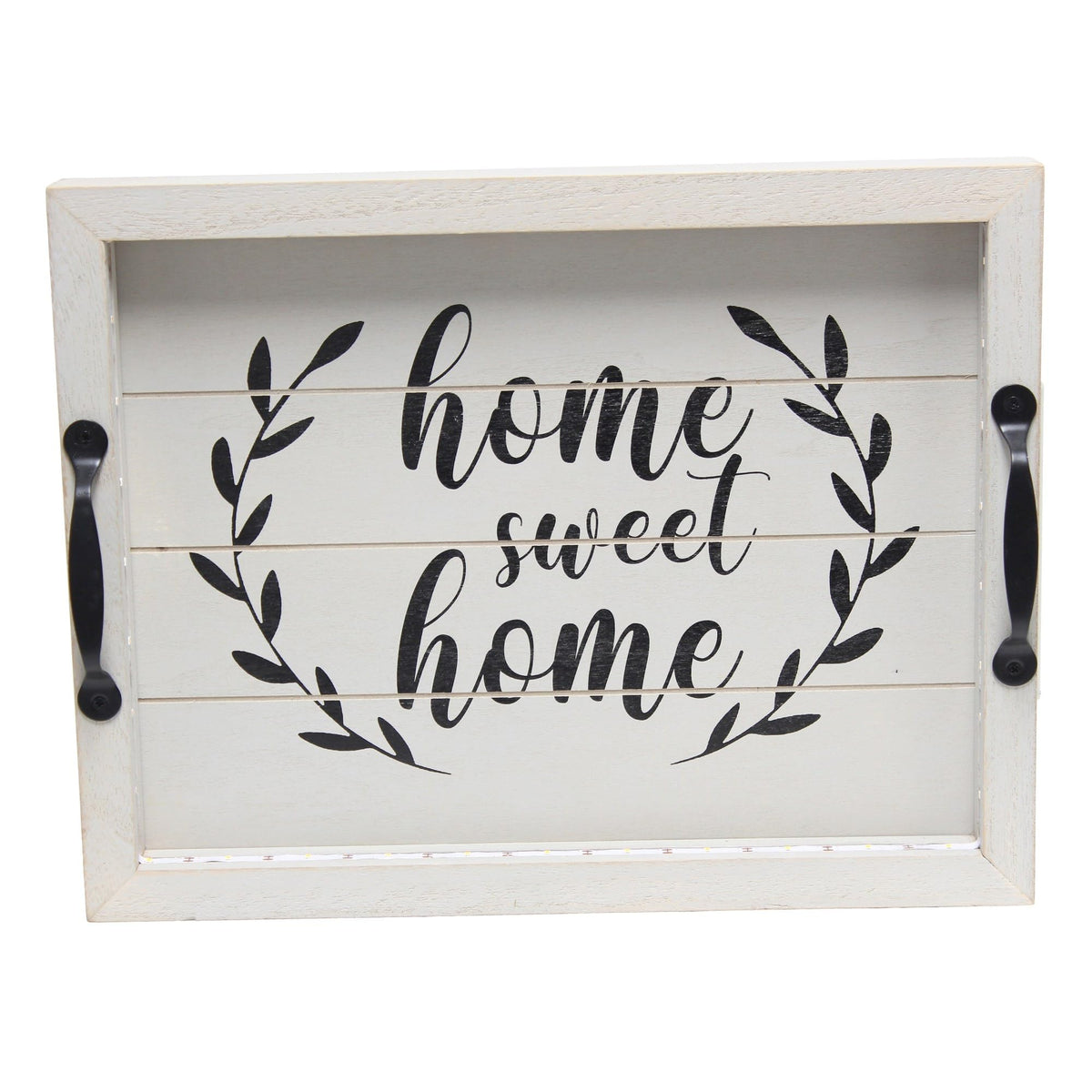 Elegant Designs Hg2032-Ghh Salento Farmhouse Rectangular Decorative Led Light Up Wooden Serving Tray W Metal Handles & Home Sweet Home In Black For Décor, Centerpiece, Breakfast, Bar, Gray Wash