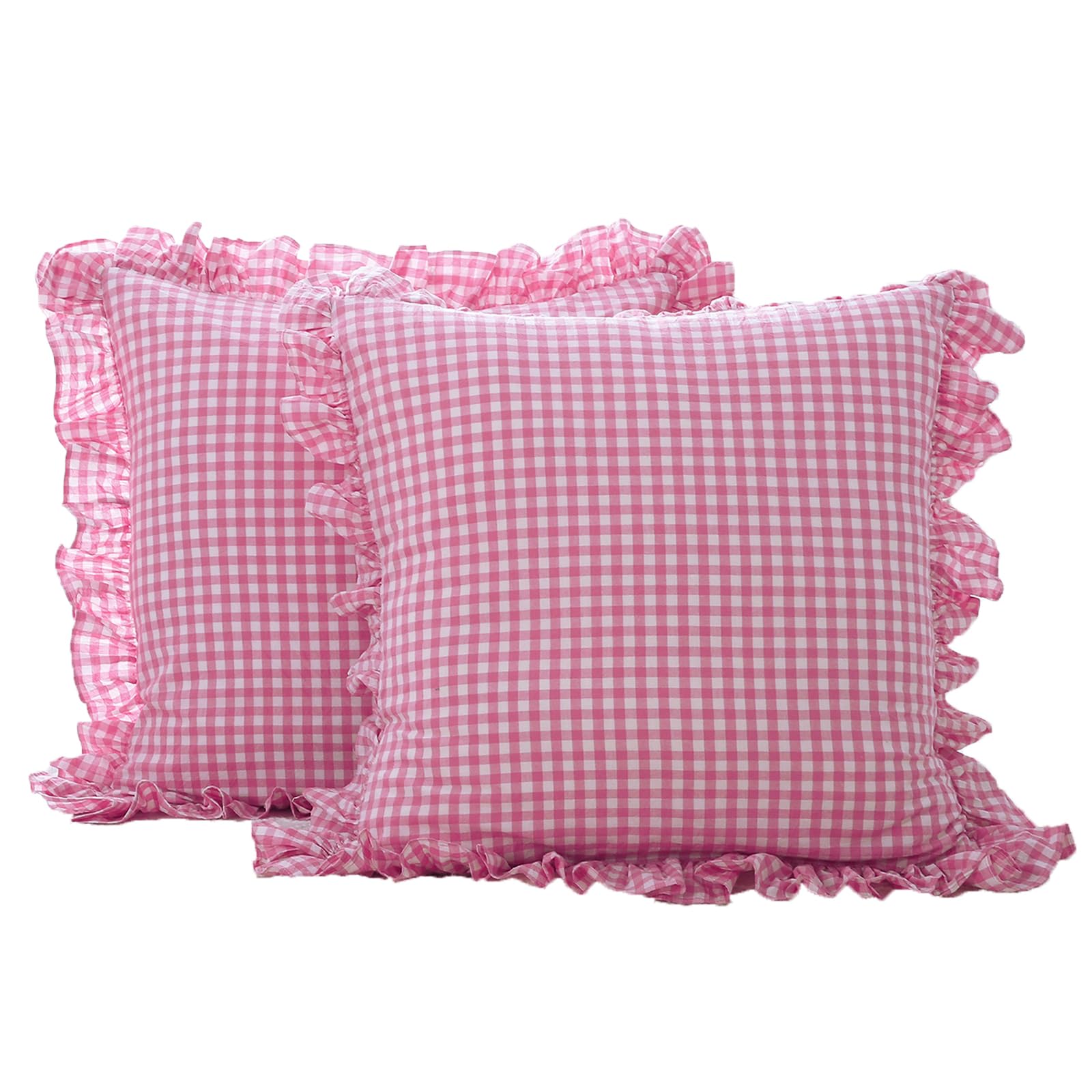 K Masaniji 2 Pack Pink Plaid Ruffle Euro Pillow Shams 26X26 Inches, Washed Cotton Pink And White Checkered Farmhouse Shabby And
