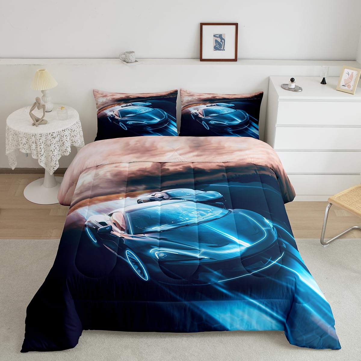 Race Car Toddler Bedding Set Cool Sports Car Bedding Comforter Sets, Racing Car Competition Bed Sets For Boys Youth Extreme Spor
