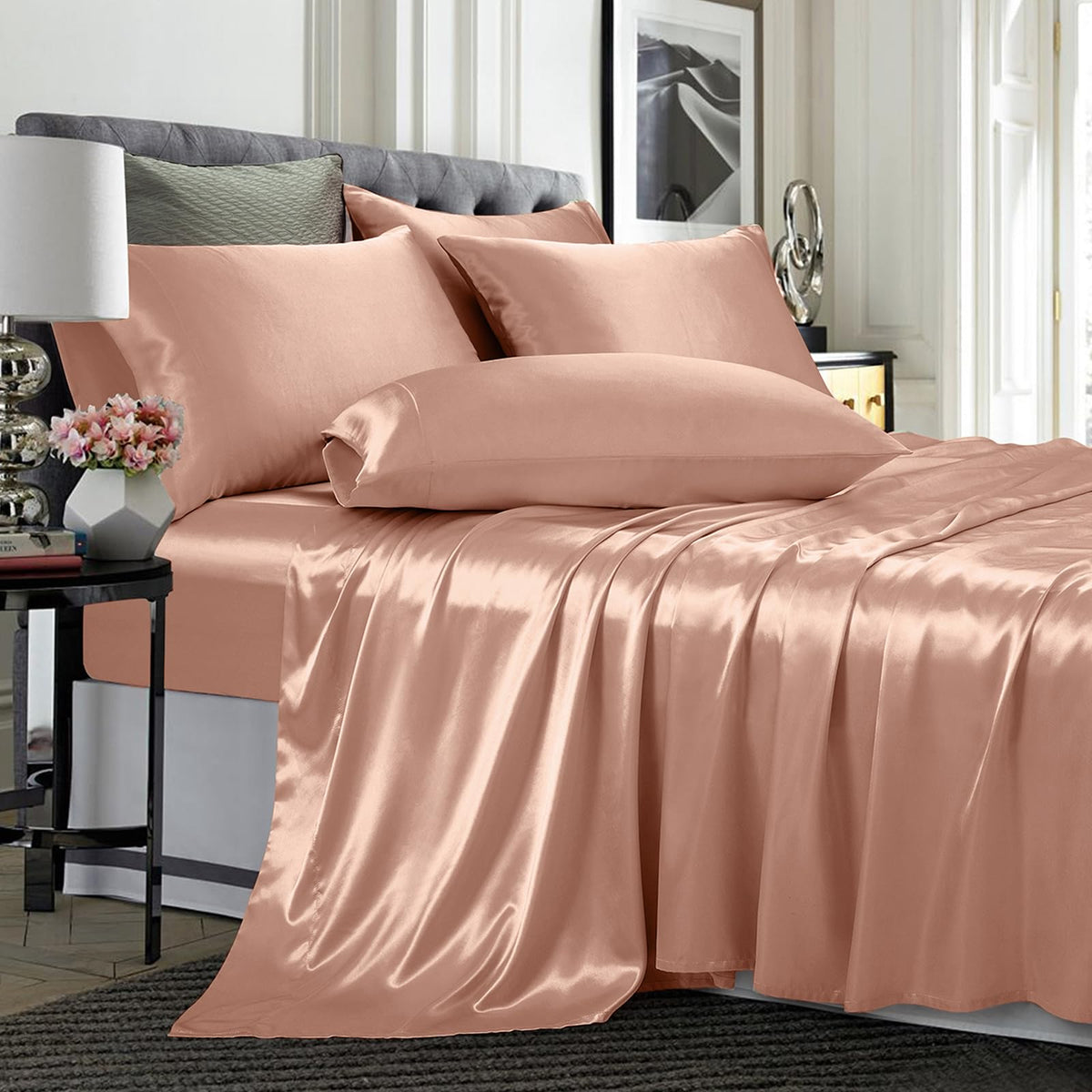 Treely 6 Piece Satin Sheets California King Size Silky Smooth Champagne Satin Sheet Set With Deep Pocket, Satin Fitted Sheet, Fl
