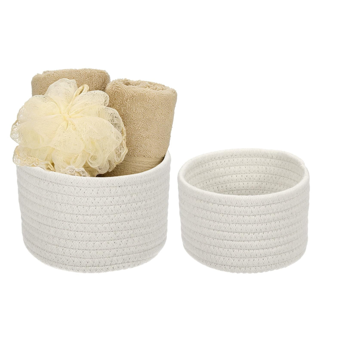 uxcell 2 Pcs White Small Cotton Rope Woven Storage Basket, Cute Mini Tiny Round Organization Storage Bins Shelf Closet for Nurse