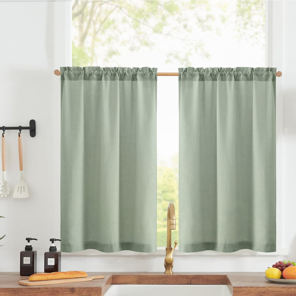 Jinchan Linen Textured Tier Curtains 24 Inch For Kitchen Windows Country Farmhouse Cafe Small Curtains Rustic Light Filtering Half Curtains For Living Room Laundry Bathroom Rod Pocket 2 Panels Green
