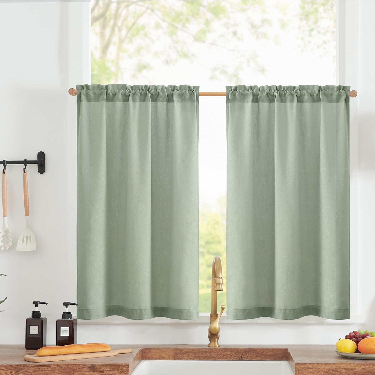 Jinchan Linen Textured Tier Curtains 24 Inch For Kitchen Windows Country Farmhouse Cafe Small Curtains Rustic Light Filtering Half Curtains For Living Room Laundry Bathroom Rod Pocket 2 Panels Green