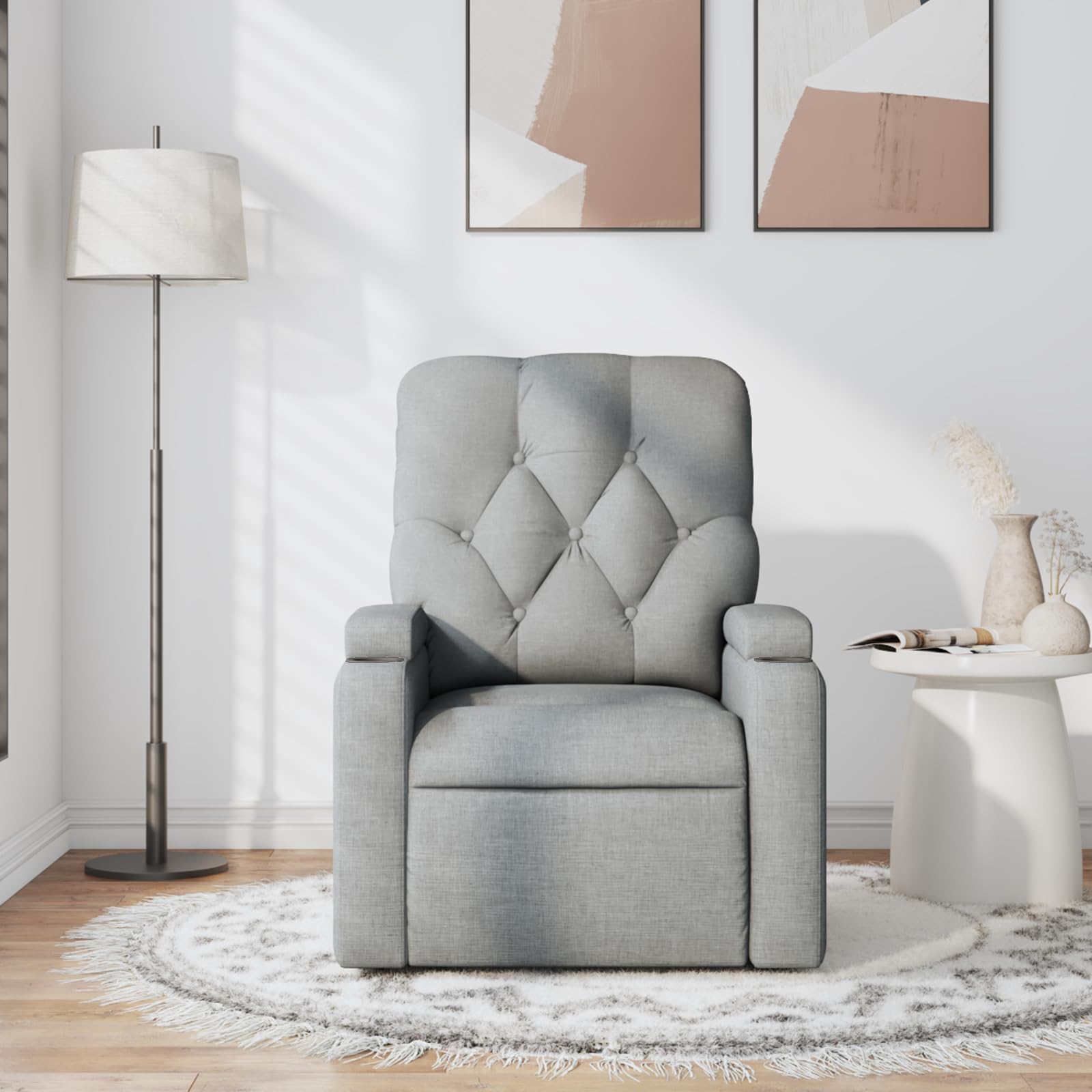 vidaXL Fabric Massage Recliner Chair for Living Room, Home Theater, 6-Point Vibration Massage, Adjustable Back & Footrest, Cup Holders, Light Gray