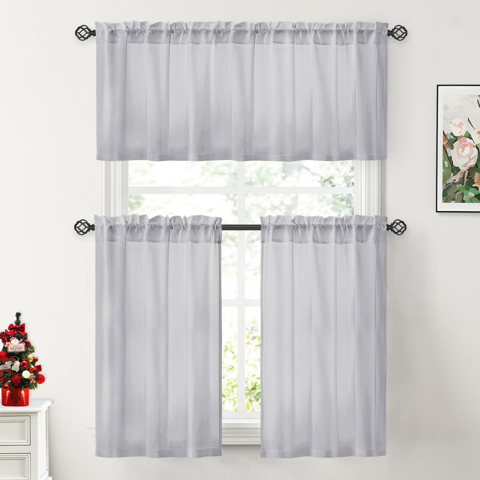 Homeideas Non-See-Through Light Grey Privacy Sheer Kitchen Curtains 30 X 24 Inches Long 2 Panels Sheer Curtains Light Filtering Bathroom Window Curtains Drapes For Bedroom Living Room