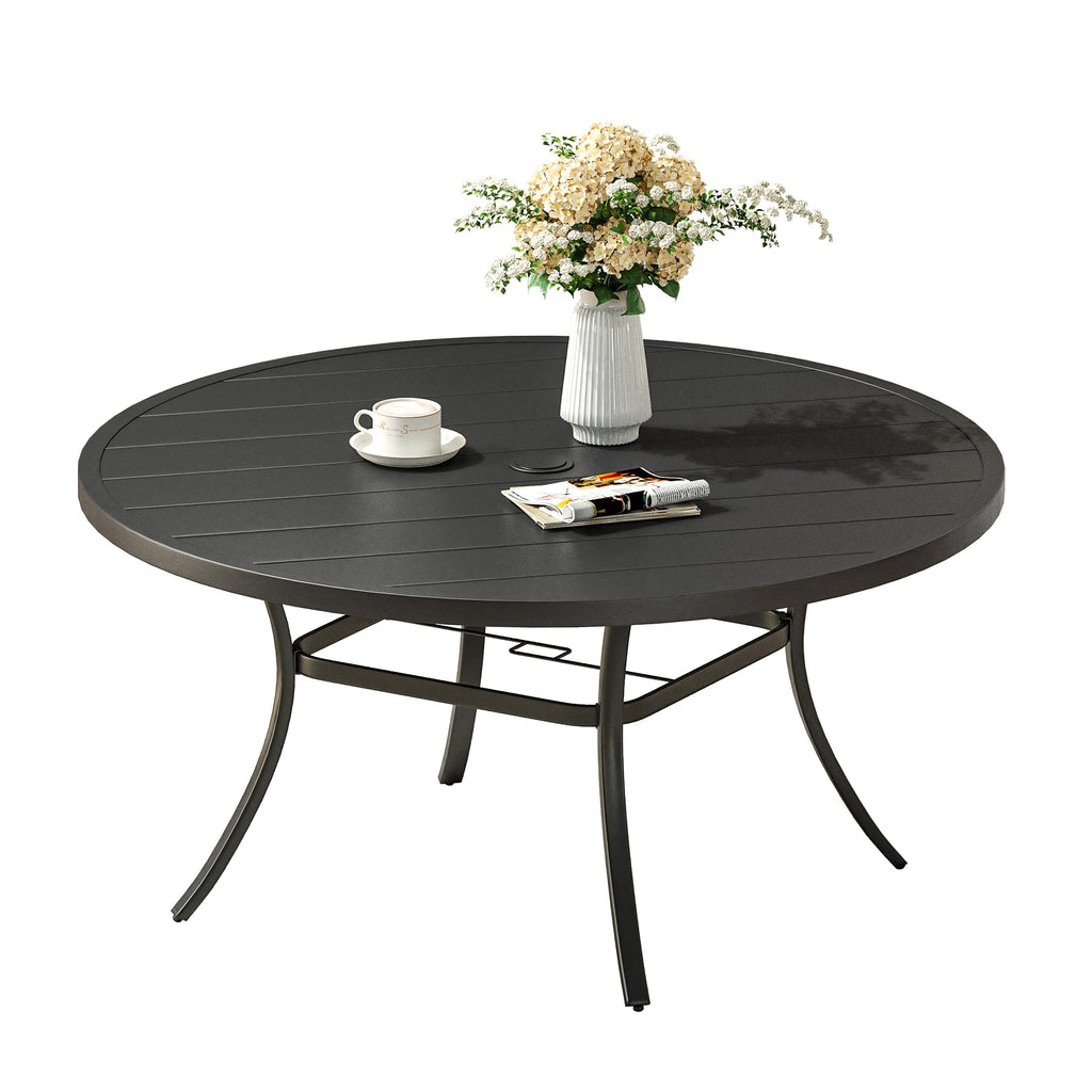 Vicllax 53' Round Patio Dining Table For 6-8, Metal Outdoor Dining Table With Umbrella Hole For Garden, Patio, Balcony, Black