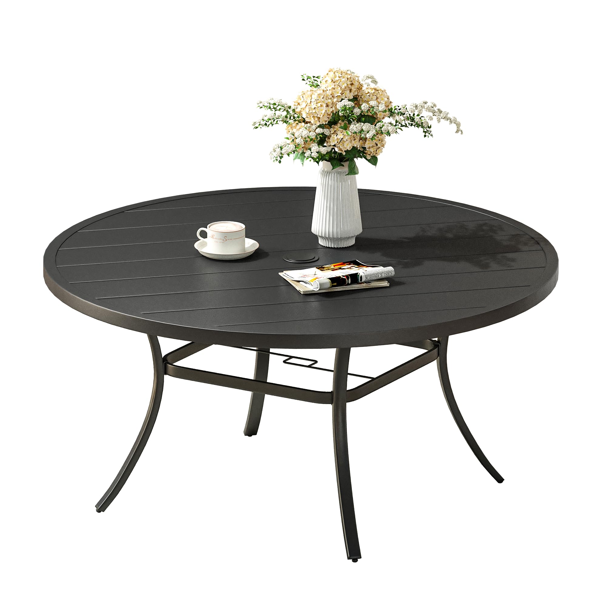 Vicllax 53' Round Patio Dining Table For 6-8, Metal Outdoor Dining Table With Umbrella Hole For Garden, Patio, Balcony, Black