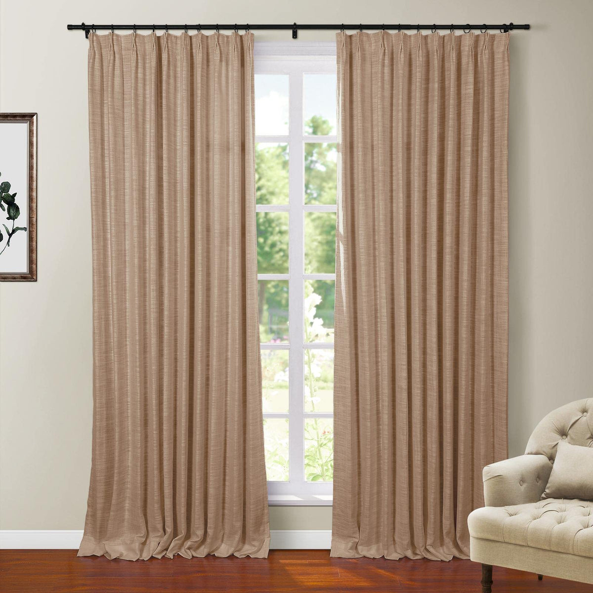 Twopages Walnut Polyester Linen 96 Inches Long Thermal Insulated Curtain With Pinch Pleated And Back Tab Top Blackout Textured D