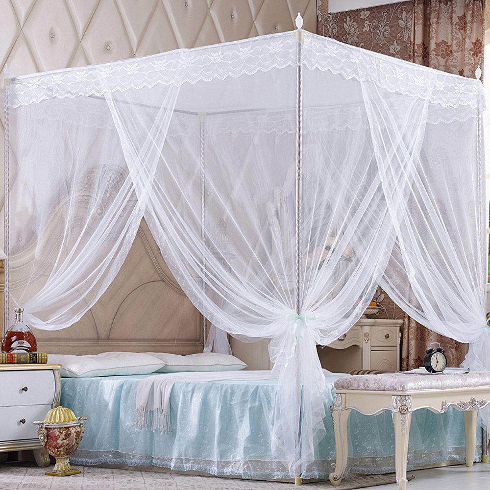 Nattey 4 Corners Princess Bed Curtain Canopy Canopies for Girls Boys Adults Bed Gift (Queen, White)
