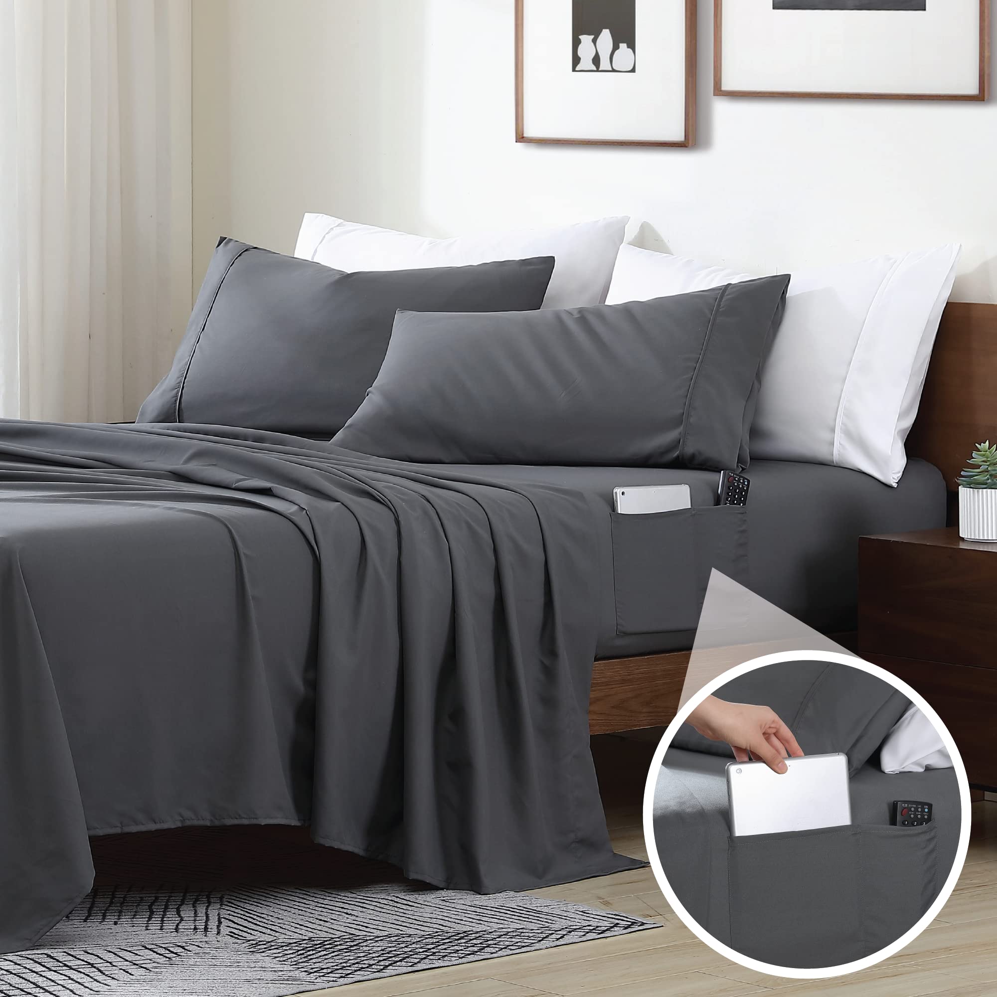 Swift Home Smart Sheets, Ultra Soft Brushed Microfiber 3-Piece Sheet Set, Fitted Bed Sheet With Side Storage Pockets - Grey, Twi