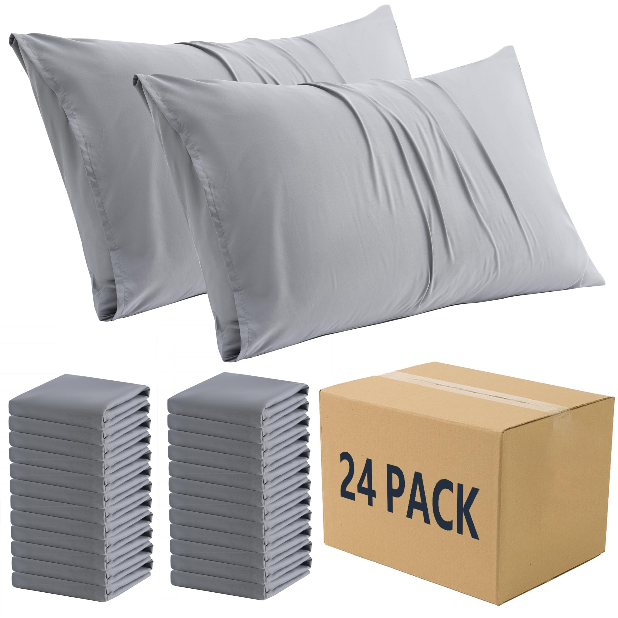 Zpecc Pillow Cases Standard Size 24 Pack - Bulk Gray Pillowcases With Envelope Closure, Pillow Covers For Home, Camping, Travel