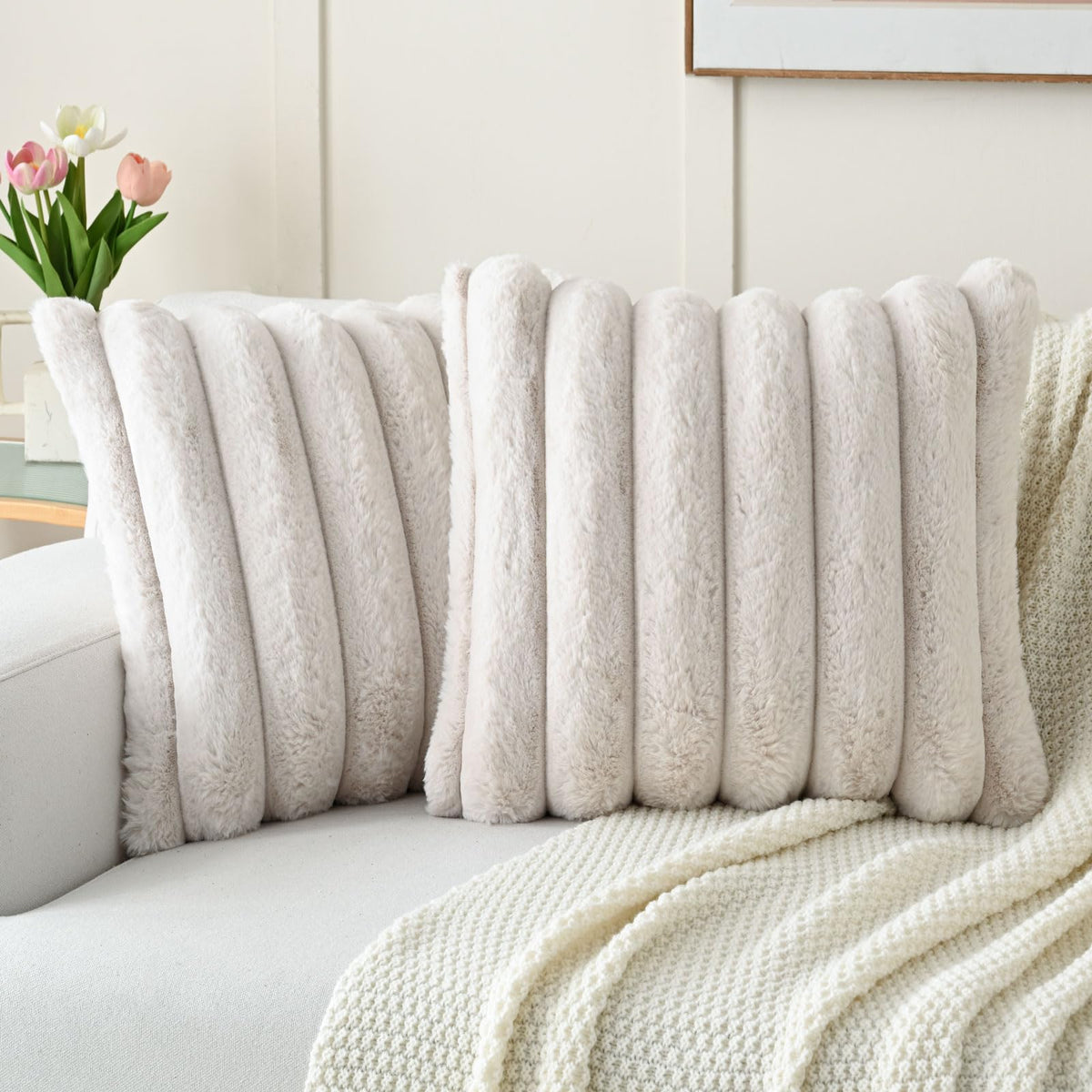 Futei Beige Decorative Throw Pillow Covers 22X22 Inch Set Of 2, Square Soft Faux Rabbit Fur Big Striped Cushion Cover,Home Decor