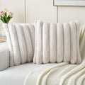 Futei Beige Decorative Throw Pillow Covers 26X26 Inch Set Of 2, Square Soft Faux Rabbit Fur Big Striped Pillow Sham,Home Decor F