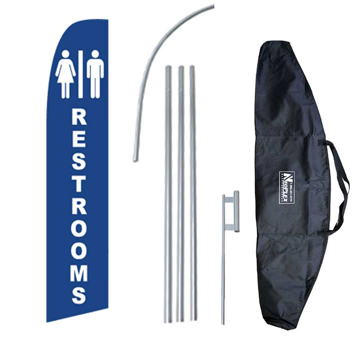 'Restrooms' 12-Foot Swooper Feather Flag And Case Complete Set.Includes 12-Foot Flag, 15-Foot Pole, Ground Spike, And Carrying