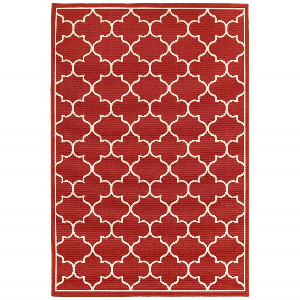 HomeRoots Polypropylene 8’x11’ Red and Ivory Trellis Indoor Outdoor Area Rug