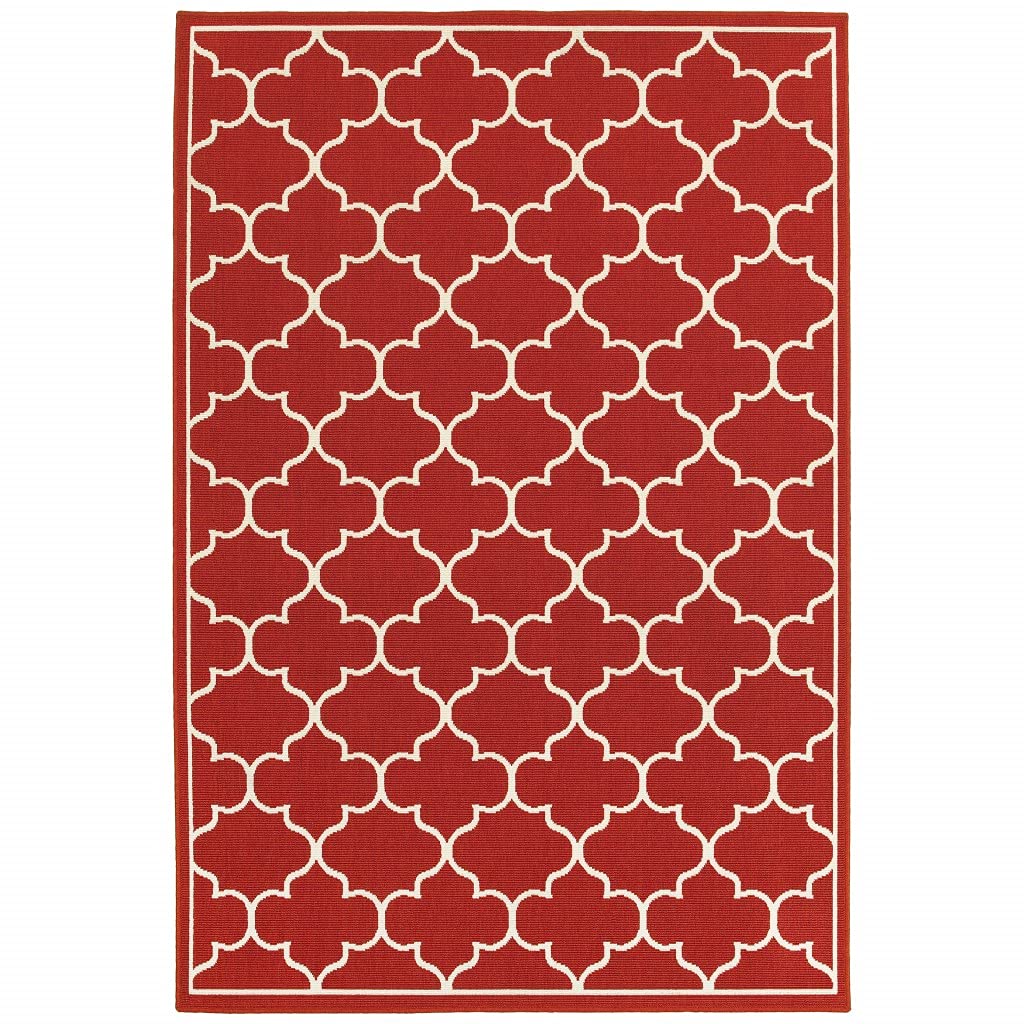 HomeRoots Polypropylene 4’x6’ Red and Ivory Trellis Indoor Outdoor Area Rug