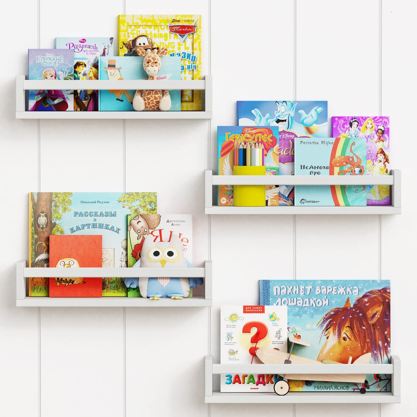Forbena Floating Nursery Book Shelves for Wall Set of 4, White Wall Bookshelf for Kids Room, Small Wood Book Shelf Wall Mounted 