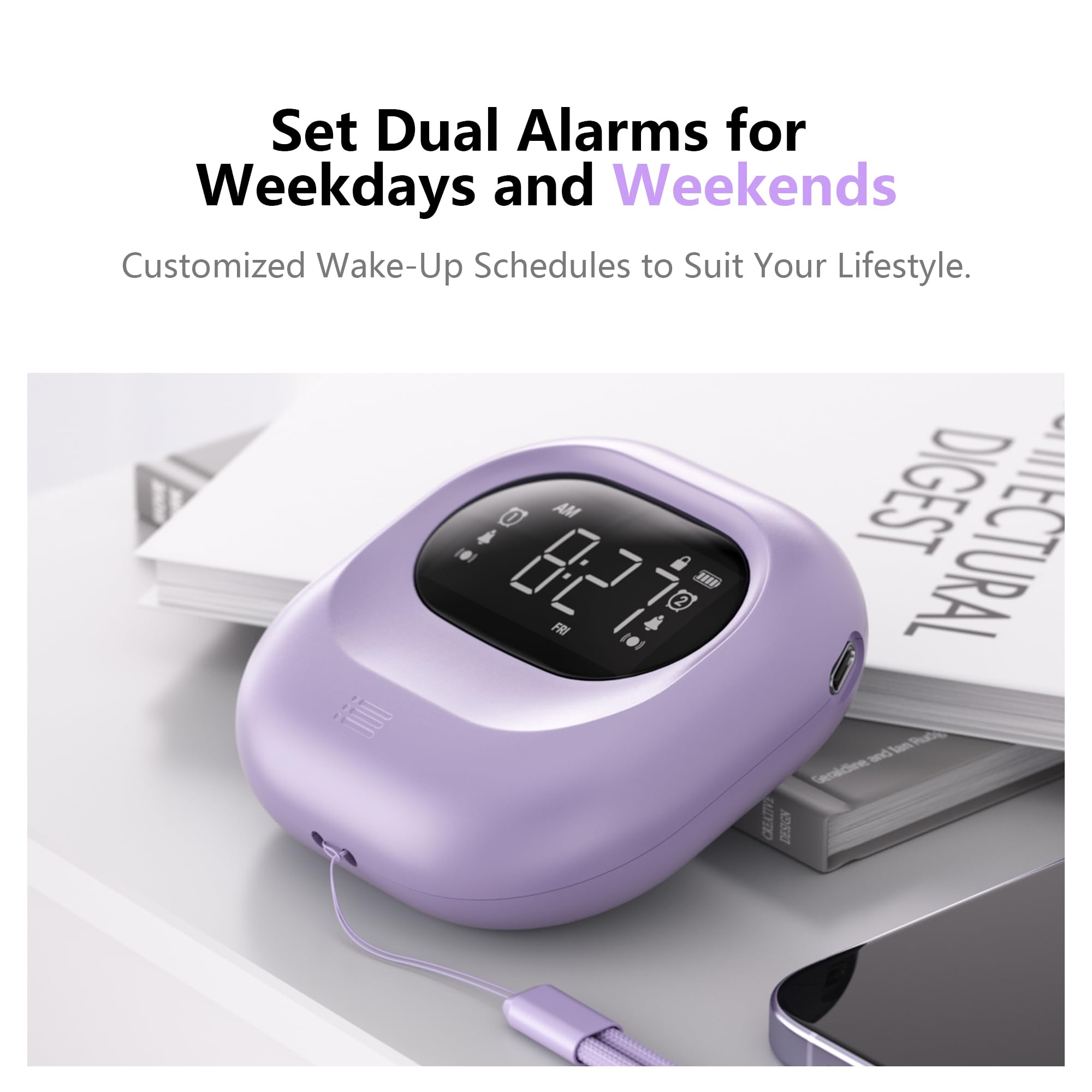 Mesqool Vibrating Alarm Clock For Heavy Sleepers, Rechargeable Battery Operated Bed Shaker Under Pillow, Cordless, Weekday/Weeke