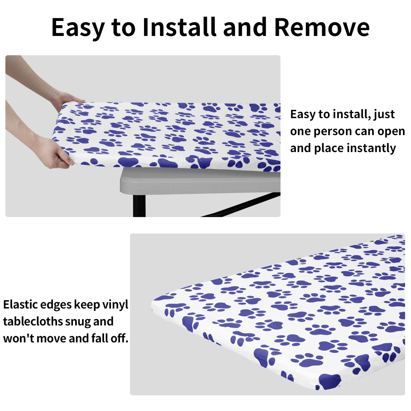 Easy-Going 100% Waterproof Picnic Outdoor Tablecloth With Bench Covers Fit 8 Foot Rectangle Table, 3-Piece Set Camping Table Cover With Seat Covers (30X96 In, Blue-Paw)