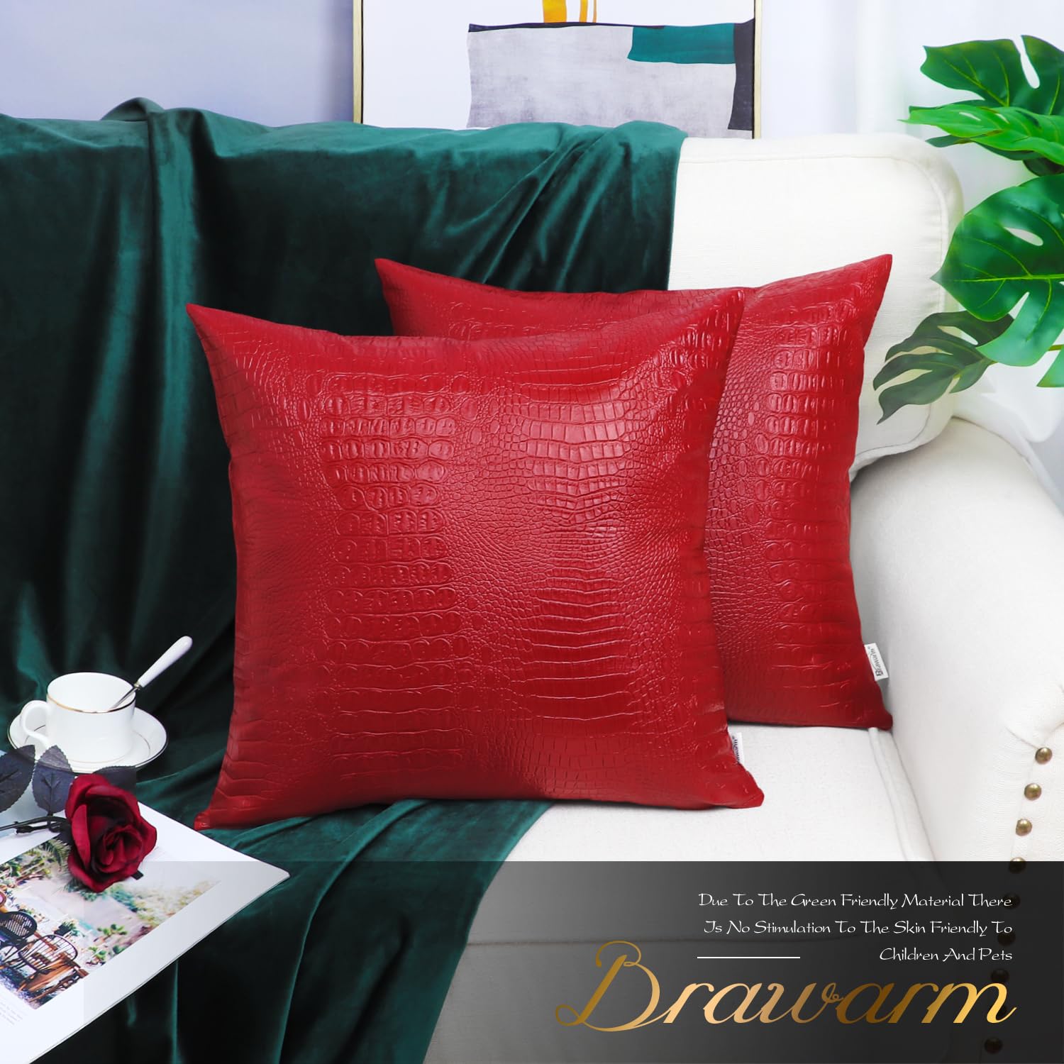 Brawarm Faux Leather Pillow Covers 16 X 16 Inches, Christmas Red Leather Pillow Covers Pack Of 2, Crocodile Leather Decorative T